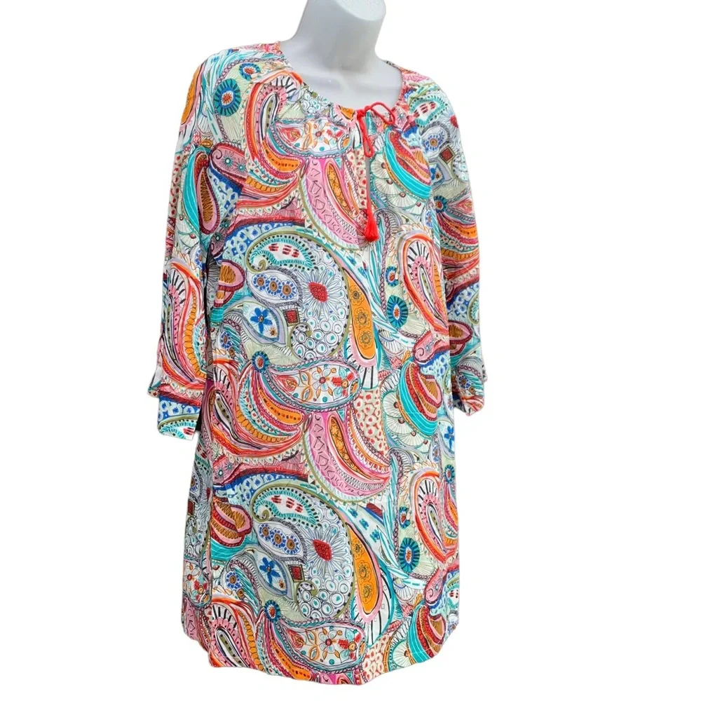 J CREW Women's Sz M Artful Floral‎ Boho Tassel Tie Beach Lightweight Tunic Top